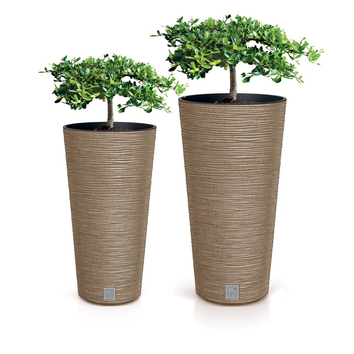 Set 2X Ghiveci Inalt Decorativ Pentru Floricu Insertie, Prosperplast, Furu Slim Eco Wood, Plastic, Naturo, 48 Cm/57,5 Cm