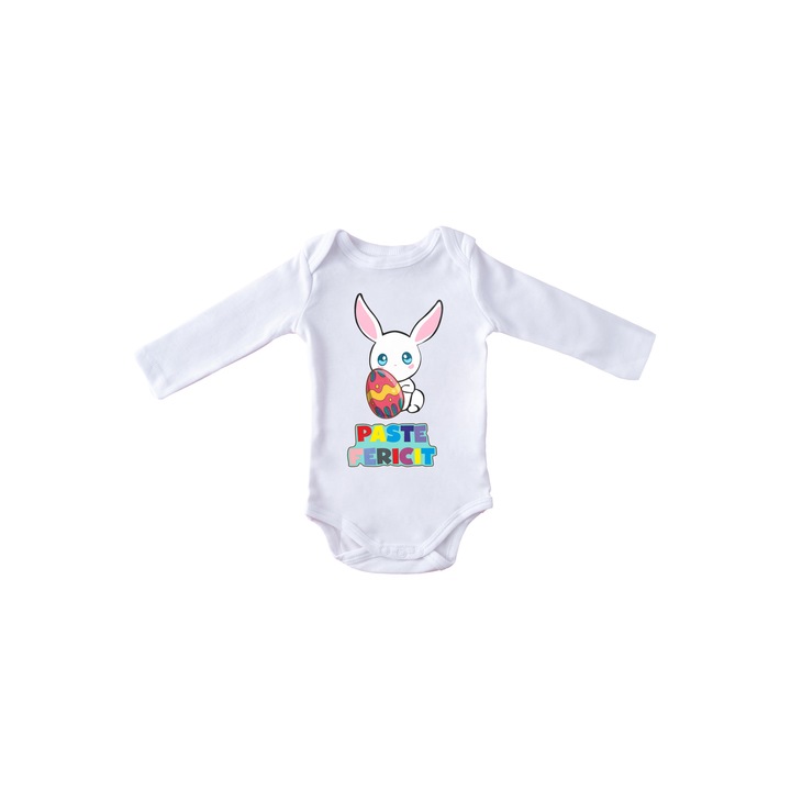 Body personalizat bebelus "PASTE FERICIT BEBE IEPURAS", Alb, Bumbac