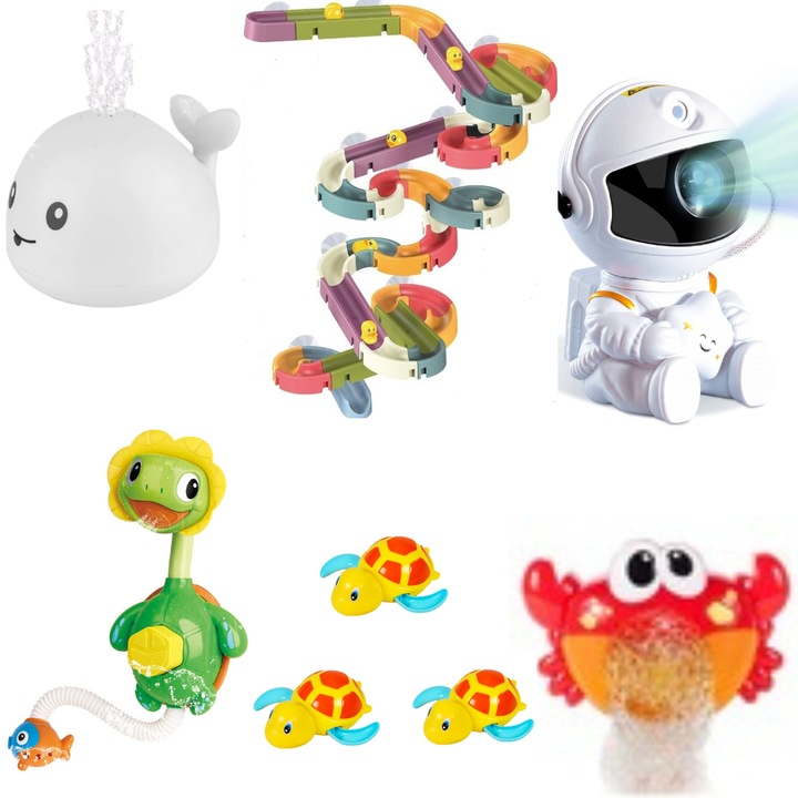 Gyermek fürdőjátékkészlet, ciprus, LED Astronaut projektor, Csúszda kiskacsákkal, 3 úszó béka, Bálna vízpermettel, Teknős locsolóval, Buborékokat készítő rák
