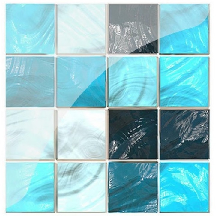 Set 19 Stickere Decorative Autoadezive pentru Faianta sau Perete DAVIDAMI CONCEPT®, model Mozaic Turcoaz, dimensiune 10 cm x 10 cm