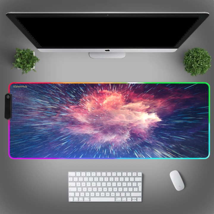 VisionHub Nagy XXL RGB professzionális gaming egérpad, LED lámpák, puha felület, gumírozott csúszásgátló alap, többféle világítási mód, állítható fényerő, 900x400x4mm csillag