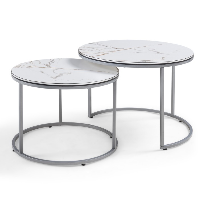 Set 2 buc masute cafea, en.casa, Skangen, 50 x 70 cm, pal, metal, alb marmorat, argintiu, masuri diferite, forma rotunda