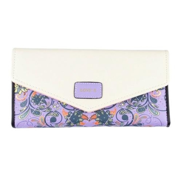Portofel Love dama, IZMAEL, Piele ecologica/Poliester, 19cm x 9.5cm x 2.6cm, Mov