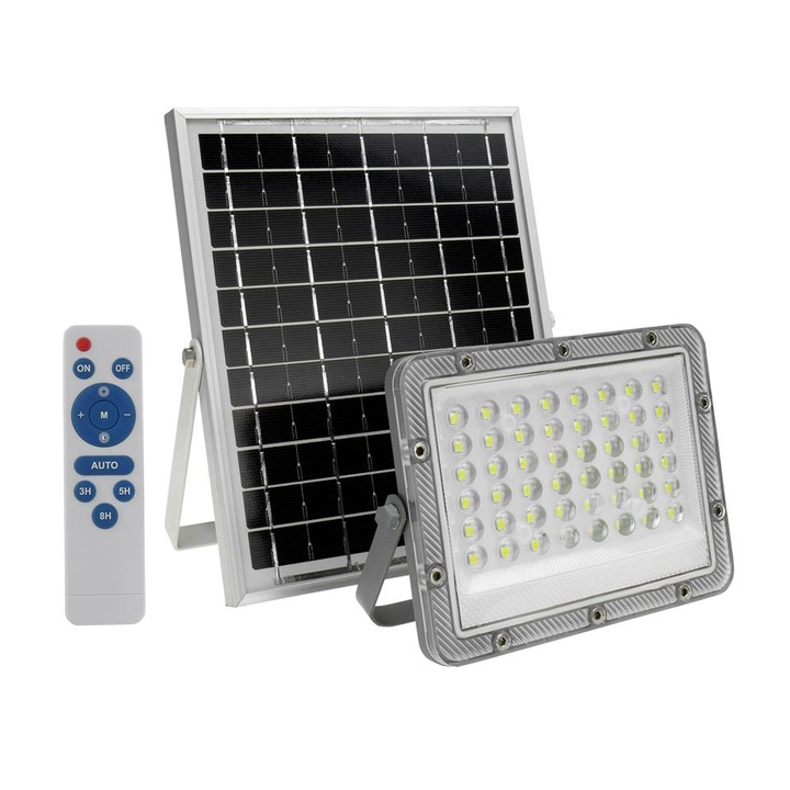 LED прожектор с монокристален соларен панел, микровълнов сензор за движение и дистанционно управление, 50 W, 500 лумена, IP 65, IK 08, 5000mAh