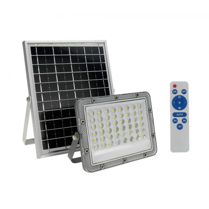 Reflector cu panou solar 50W, senzor de miscare, telecomanda, 500lm, lumina rece(6000 K), gri, Spectrum LED