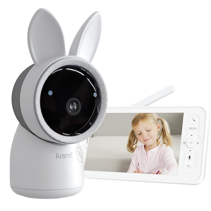 Бебешки видеомонитор ARENTI, 2K/3MP Ultra HD WiFi камера, с 5" цветен дисплей, Двупосочен разговор, Управление чрез приложение, Бял