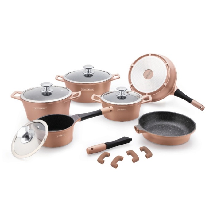 Комплект тенджери и тигани Royalty Line RL-ES1014M Copper, Отливка, 14 части, Индукция, Мраморно покритие, Меден цвят