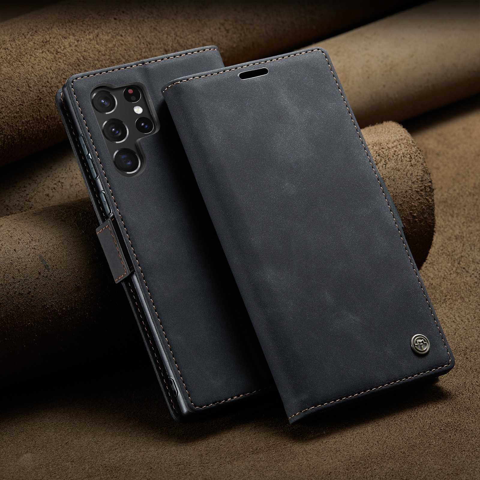 Husa pentru Samsung Galaxy S23 Ultra, CaseMe, slim piele, tip portofel, stand, inchidere magnetica, textura catifelata, Negru
