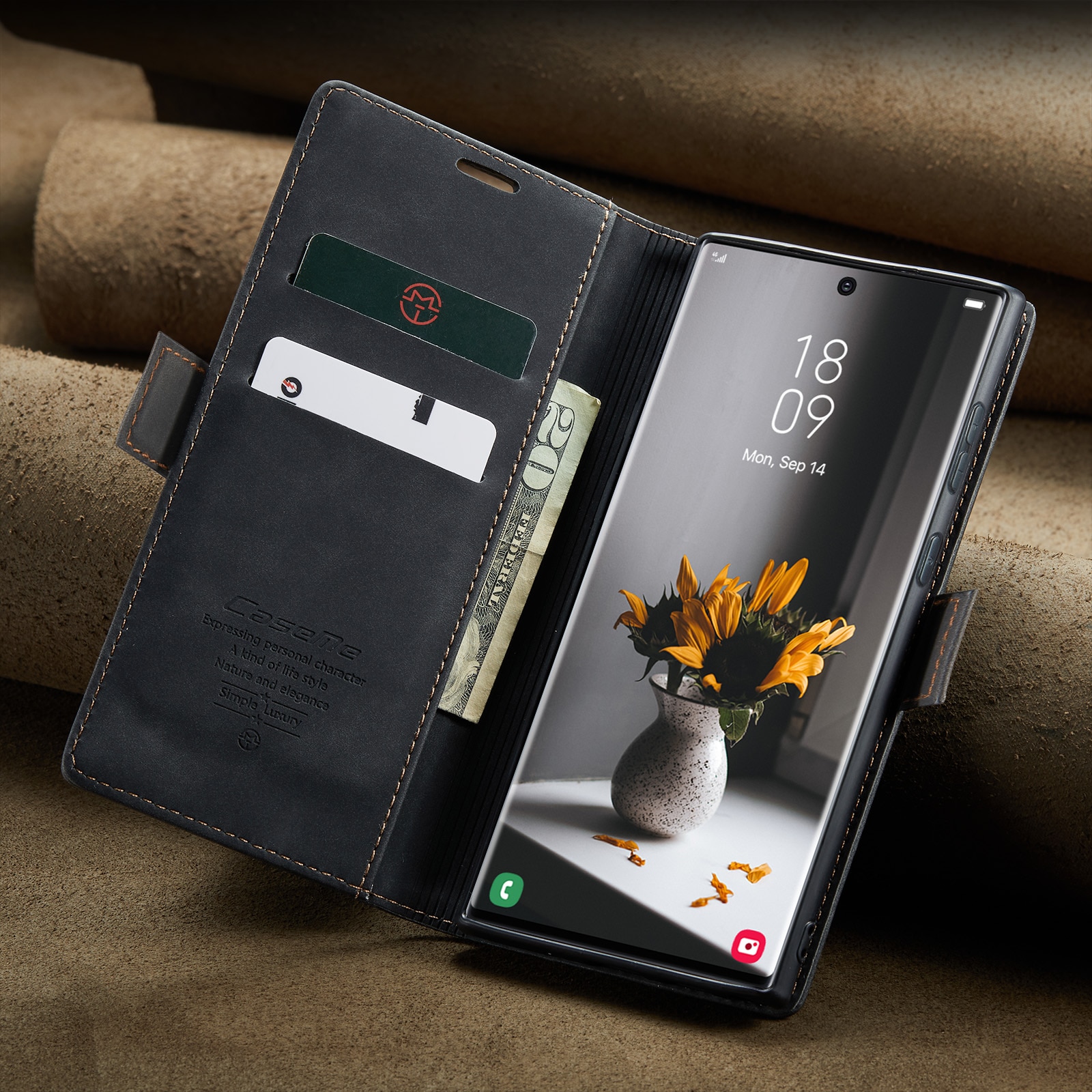 Husa pentru Samsung Galaxy S23 Ultra, CaseMe, slim piele, tip portofel, stand, inchidere magnetica, textura catifelata, Negru