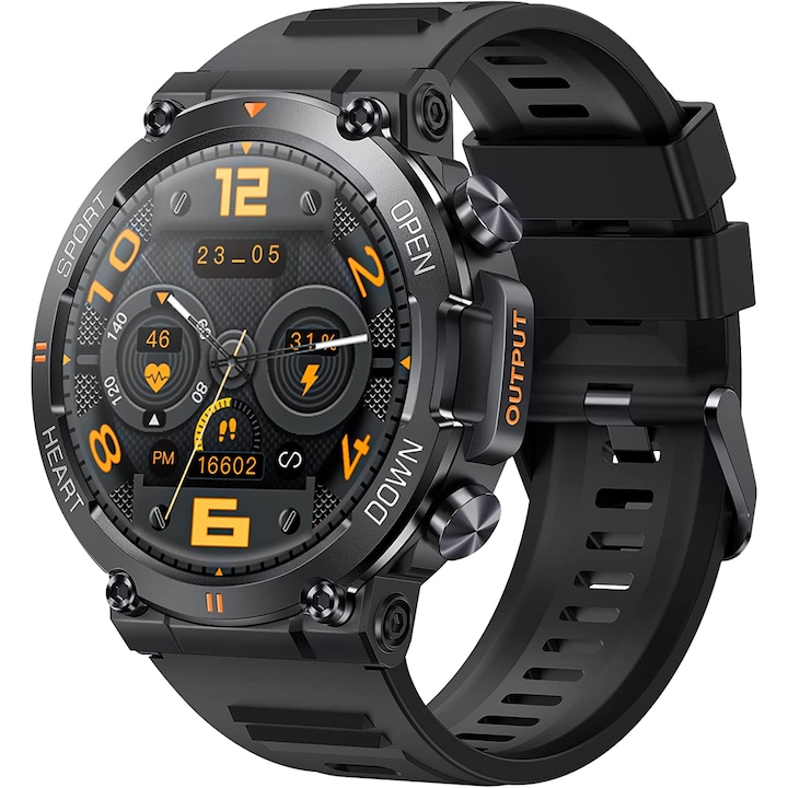 Ceas Military Smartwatch G56™ WATCH Apel Bluetooth, 1.39” Ultra Smooth Touch Dynamic Visual, AI Asistent Vocal, Anti-Impact Body, 100+ Moduri Sport, Monitor ECG/HR/SpO2, Music Play, Control Camera, Notificari, Autonomie Mare, Black Montana