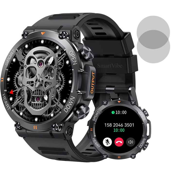 Военен часовник Smartwatch G56™ WATCH Bluetooth обаждане, 1.39” Ultra Smooth Touch Dynamic Visual, AI гласов асистент, 100+ спортни режима, Здравен монитор, Управление на музика/камера, Известия, Висока автономия, Black Montana