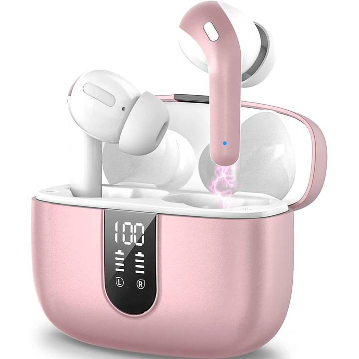 Безжични слушалки ViBE™ MOOD-X08 Активно шумопотискане, Bluetooth 5.3, Multi Touch управление, Кутия с двоен LED дисплей, Автоматично повторно свързване, Автономия 60ч, Бързо зареждане, Digital Pink Rose