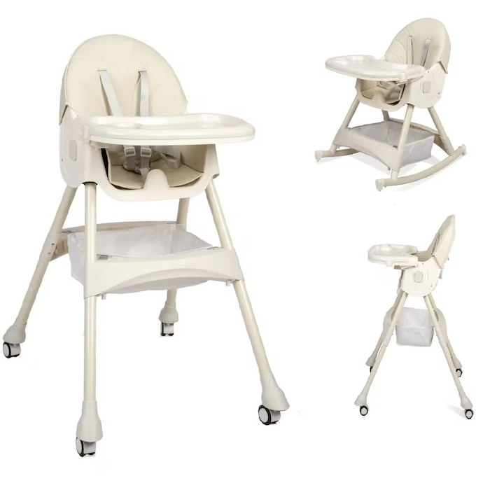 Столче за хранене 4 в 1 KinderVibe™ 6 месеца +, Многофункционален, Сгъва се, Подвижна тава, Миещ се калъф, Колела за транспорт, 5 точков предпазен колан, Регулируема, Кошница за съхранение, White Grey