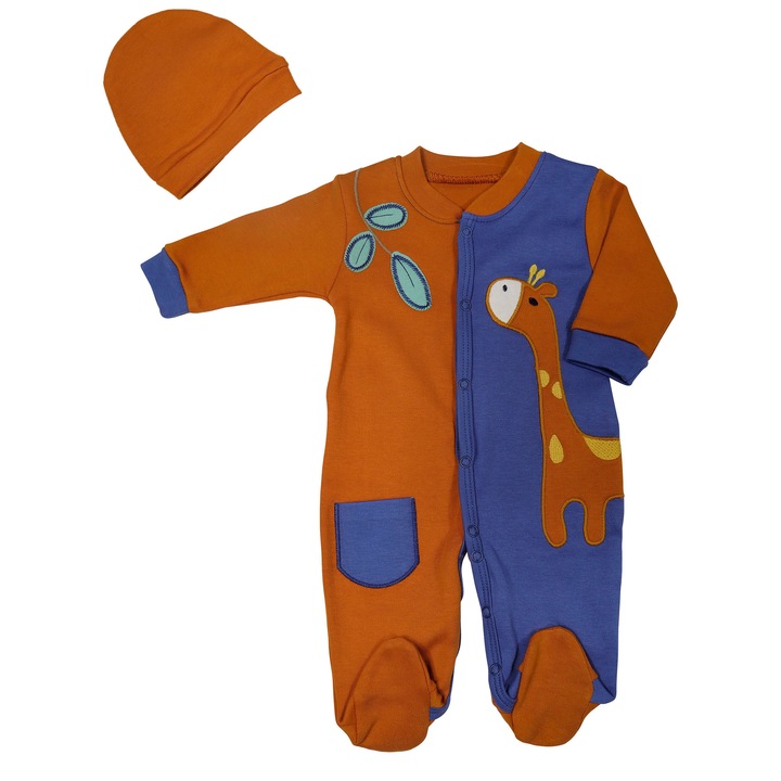 Set 2 Piese, Salopeta Si Caciulita "Baby Giraffe" Bebelusi Baieti,100% Bumbac, Caramiziu
