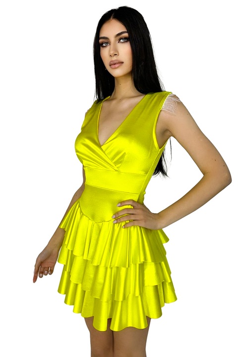 Сатенена рокля Anisia, с волани, детайл от пера и дълбоко деколте, Жълто, Универсален размер S/M