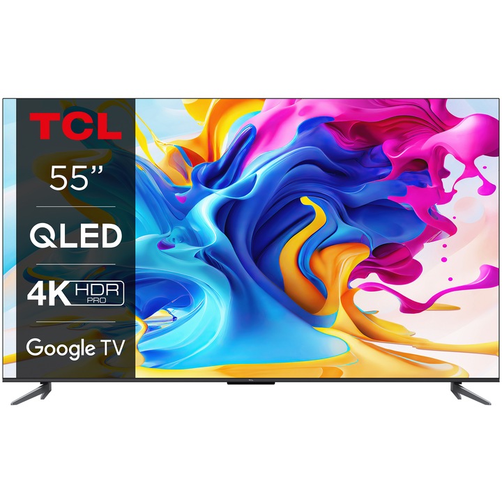 Televizor Smart QLED, TCL, 55C643, 139 cm, 4K, Google TV, Negru