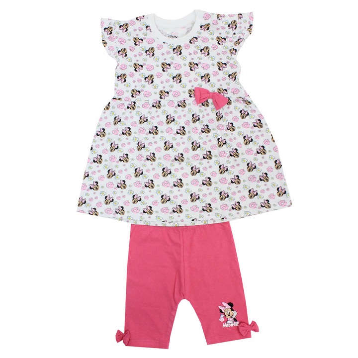 Compleu bebe vara, Minnie cu flori, roz inchis, Multicolor
