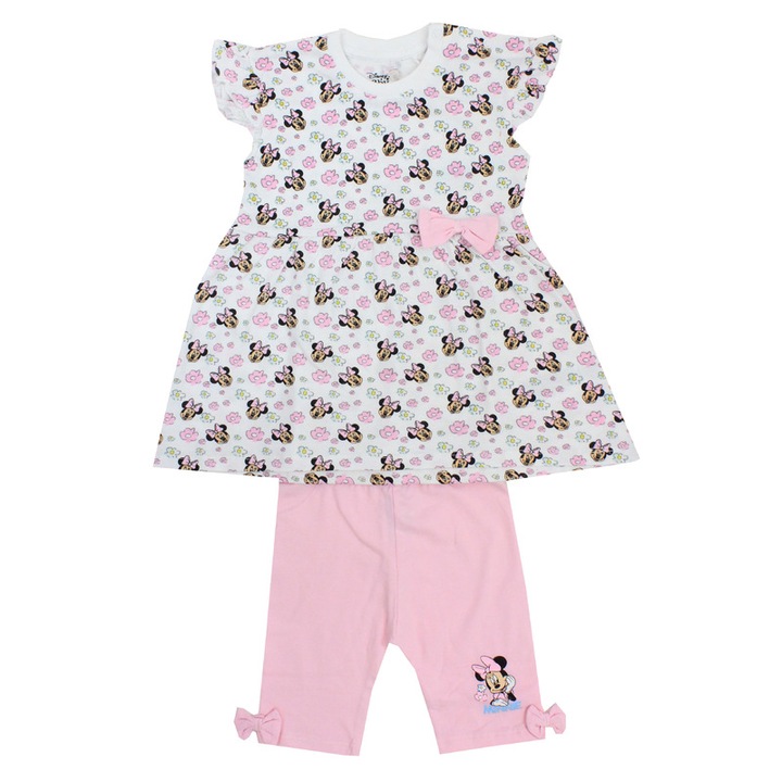 Compleu bebe vara, Minnie cu flori, roz deschis, Multicolor