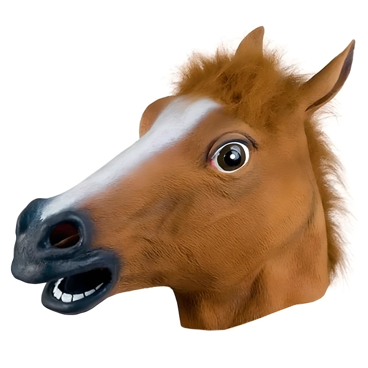 Забавна маска с глава на кон, изработена от латекс, 34 х 42 х 20 см, кафява