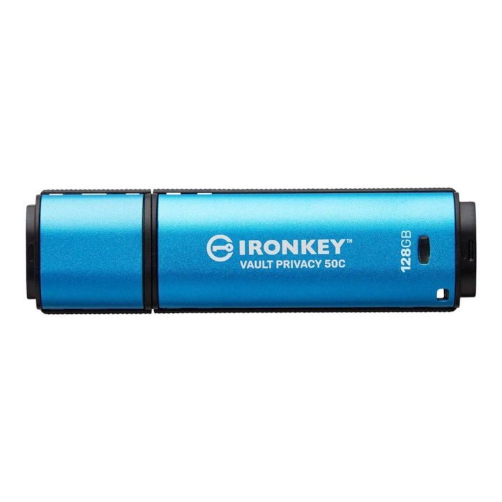 Kingston Technology IronKey Vault Privacy 50 USB flash meghajtó 128 GB USB C-típus 3.2 Gen 1 (3.1 Gen 1) Fekete, Kék (IKVP50C/128GB)