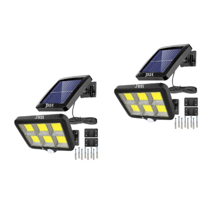 Set 2 lampi cu incarcare solara, cu senzori de amurg, miscare si lumina, 3 moduri functionare, telecomanda, 120 x LED COB-6, JRH