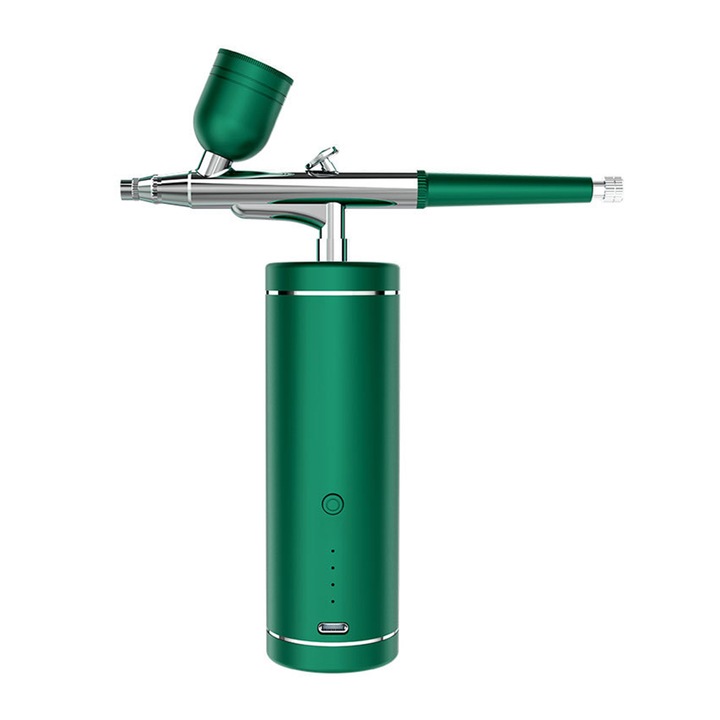 Airbrush kozmetikai eszköz, Amtok, 0,3 mm-es nanofúvókával, 3 permetezési sebességgel, C típusú töltőporttal, hordozható, többször használható, zöld