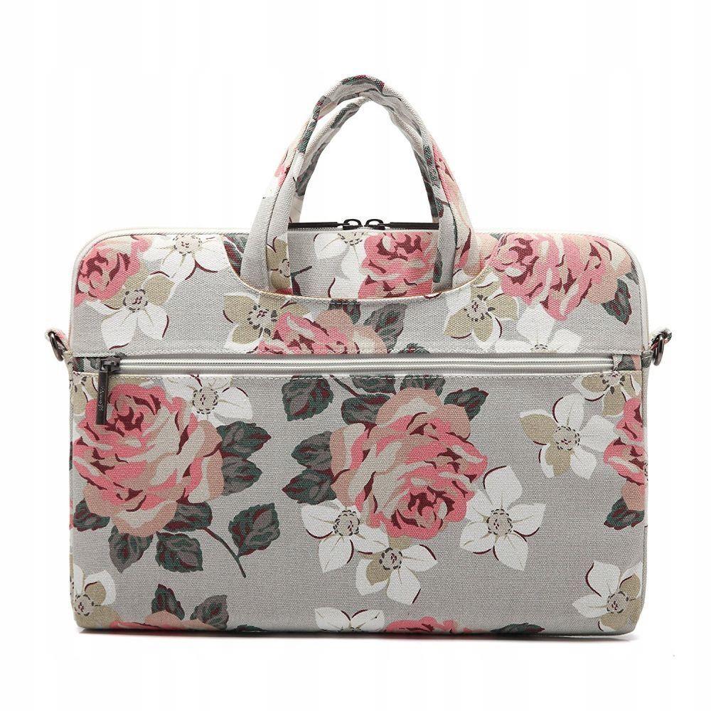 Geanta Laptop Universala 13-14" Canvaslife, Manere tip Servieta, Design Elegant, Imprimeu Florar, Model Blue Camellia