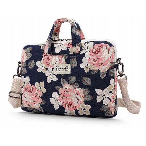 Geanta universala laptop, Protectie ridicata, Design elegant, Imprimeu floral, 15-16 inch, 37.5 x 26.5 x 3 cm, Canvaslife, Culoare Navy Rose-Bluemarin