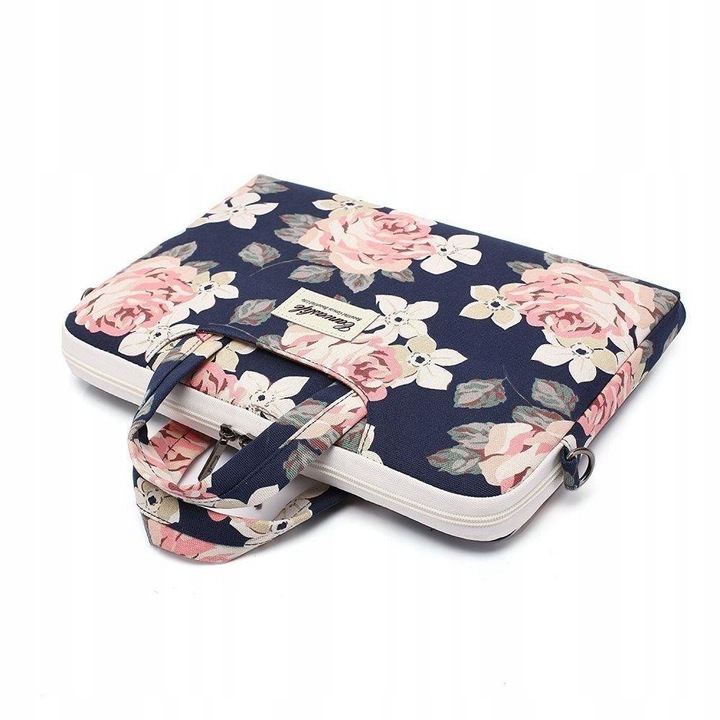 Geanta Laptop Universala 13-14" Canvaslife, Manere tip Servieta, Design Elegant, Model Navy Rose
