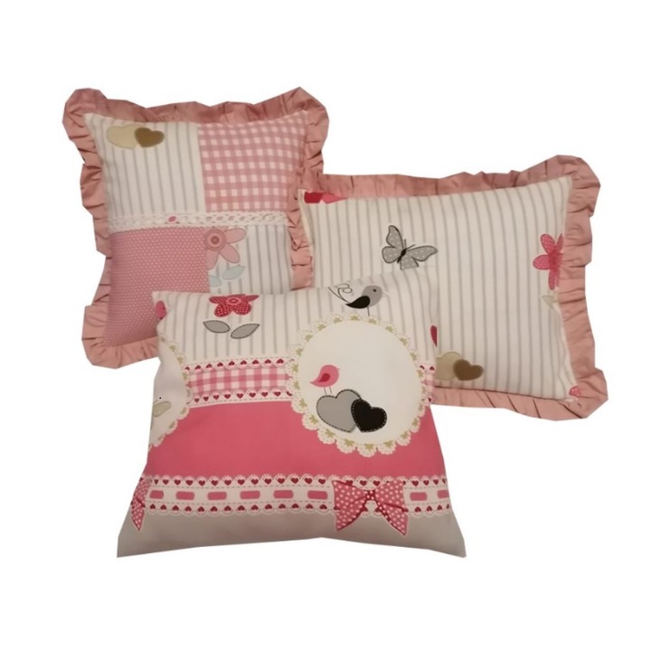 Комплект от 3 декоративни възглавници с пълнеж от естествен памук, детски, бяло/розово, 40 х 40 см