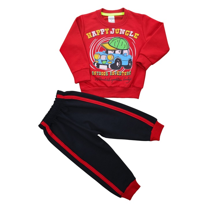 Trening Baieti "Happy Jungle" Bluza Maneca Lunga Si Pantaloni Lungi, 100% Bumbac, Rosu