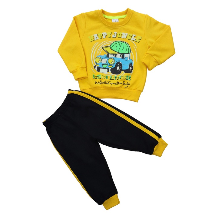 Trening Baieti "Happy Jungle" Bluza Maneca Lunga Si Pantaloni Lungi, 100% Bumbac, Galben