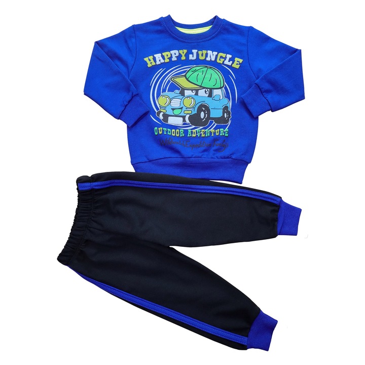 Trening Baieti "Happy Jungle" Bluza Maneca Lunga Si Pantaloni Lungi, 100% Bumbac, Albastru