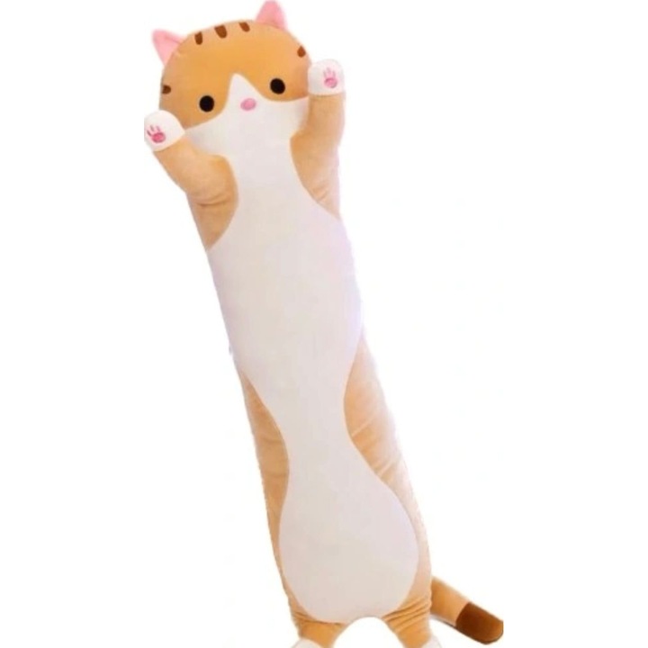 Jucarie de plus si perna in forma de pisica, Maro, 50 cm