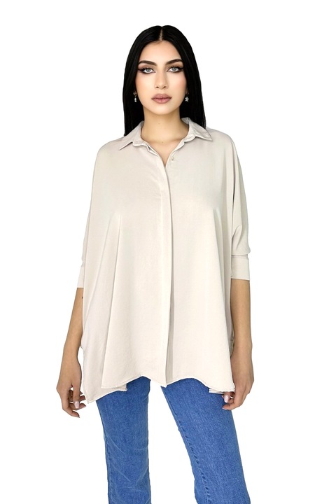 Camasa lunga Yva, cu maneci trei sferturi oversize, croiala asimetrica evazata, Crem