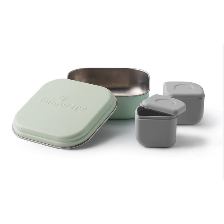 Doboz szett 2 szilipoddal a Grow bento bébiételhez, 3 darab, Miniware, zöld és szürke