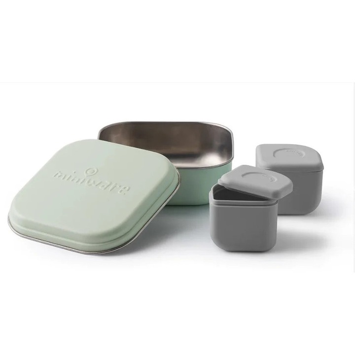 Set cutie cu 2 silipods pentru mancare bebelusi Grow bento, 3 piese, Miniware, Lime si Grey