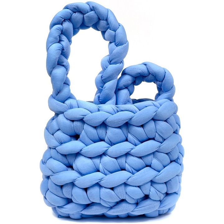 Geanta dama, crosetata manual, un compartiment, fara inchidere, din bumbac, 21 x 9 x 17cm, Albastra