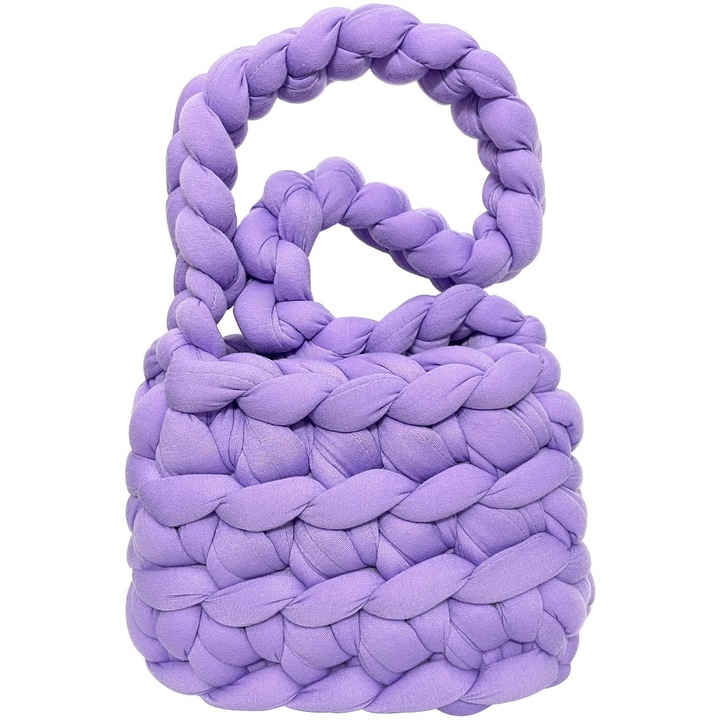 Дамска чанта, плетена на една кука, едно отделение, без закопчаване, изработена от памук, 21 x 9 x 17 см, лилава