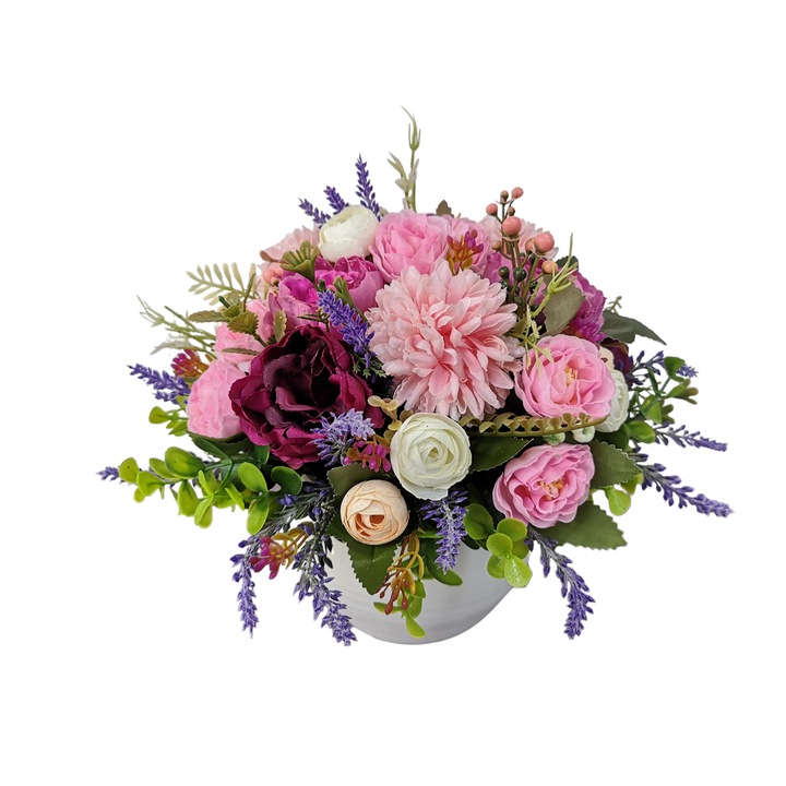 Aranjament floral colorat cu flori artificiale, Dady, 25x22 cm, cu bujori, ranunculus, dalii si verdeata decorativa artificiala, in vas ceramic