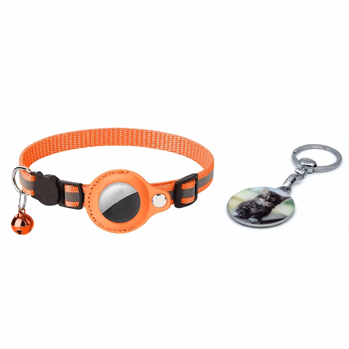 Zgarda reflectorizanta, Lungime reglabila, pentru pisici, Compatibil cu AirTag, Breloc Chei Inclus, Portocaliu