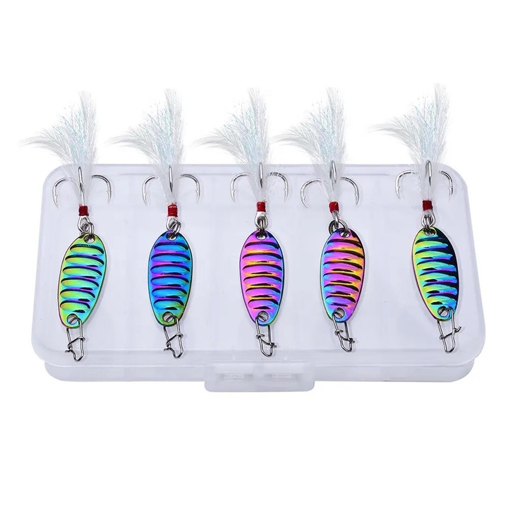 5 db Fishingbox mélyhorgász csali készlet, 5 különböző súly, fényvisszaverő szivárvány szín, toll horgony