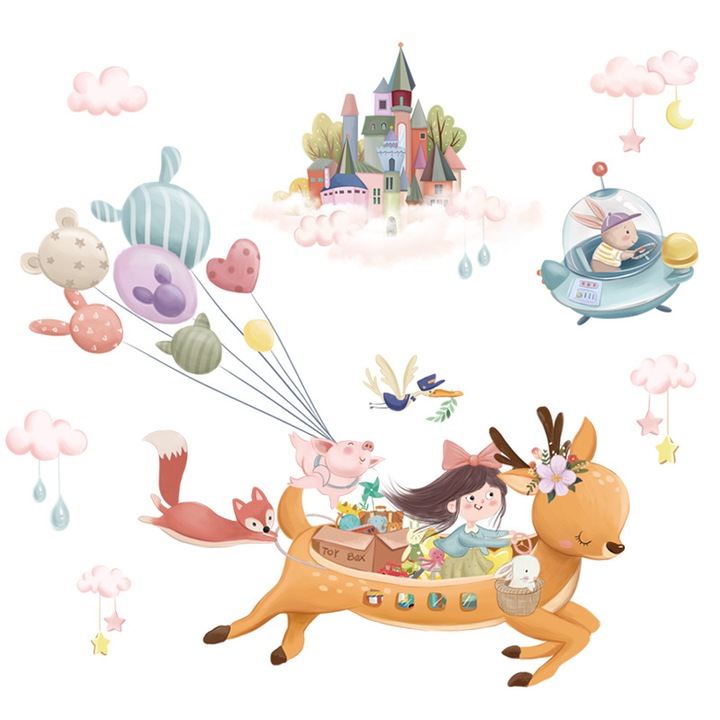 Sticker Autocolant Perete Copii, Fetita in Zbor pe Caprioara, Vulpe, Iepuras, Porcusor cu Baloane, Castel, Nori, Luna si Stele, 70x100 cm, Aida HER®