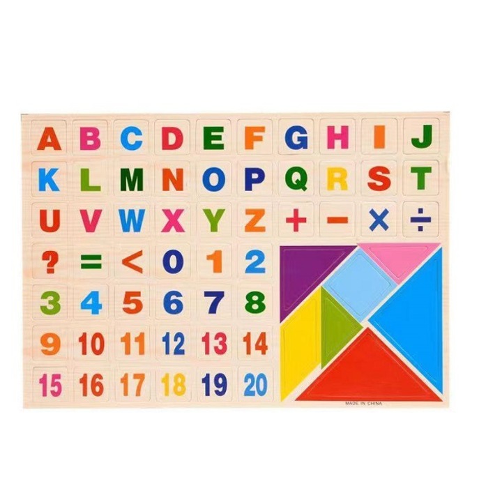 Set 61 piese, litere, numere magnetice si tangram din lemn, + 3 ani