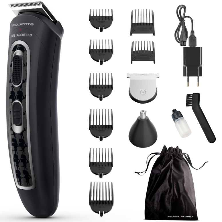 Aparat de tuns parul si barba Rowenta x Karl Lagerfeld Trim & Style 12 in 1 TN911LF0, autonomie 120 min, capat pentru barba cu 2 piepteni, capat pentru par cu 6 piepteni, accesoriu