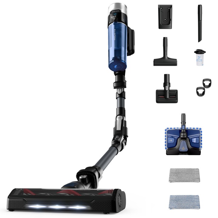 Aspirator vertical fara fir Rowenta X-Force Flex 9.60 Aqua RH20C7WO cu functie de mop, 250W, 18.5V, autonomie 45 min, filtrare 99.9%, recipient praf 0.44 L, tub flexibil, perie cu LED, panou SmartControl, suport de perete cu incarcare, gri & albastru