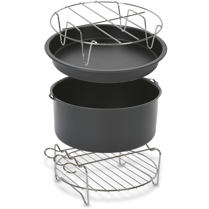 Set 4 accesorii Tefal Easy Fry XXL XA113010 pentru friteuza Tefal FW50xx, EY80xx, EY701x, EY245x, FW20xx, inox si strat antiaderent, tava pizza, vas copt, gratar friptura, suport frigarui, negru