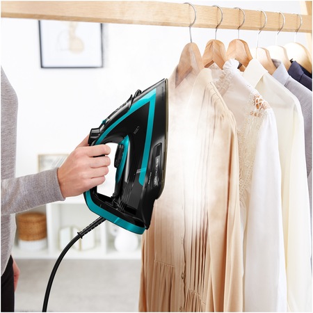 Fier de calcat Tefal Puregliss FV8066E0, 3000 W, abur variabil 50 g/min, Colector Micro Calc, Oprire automata, negru & albastru