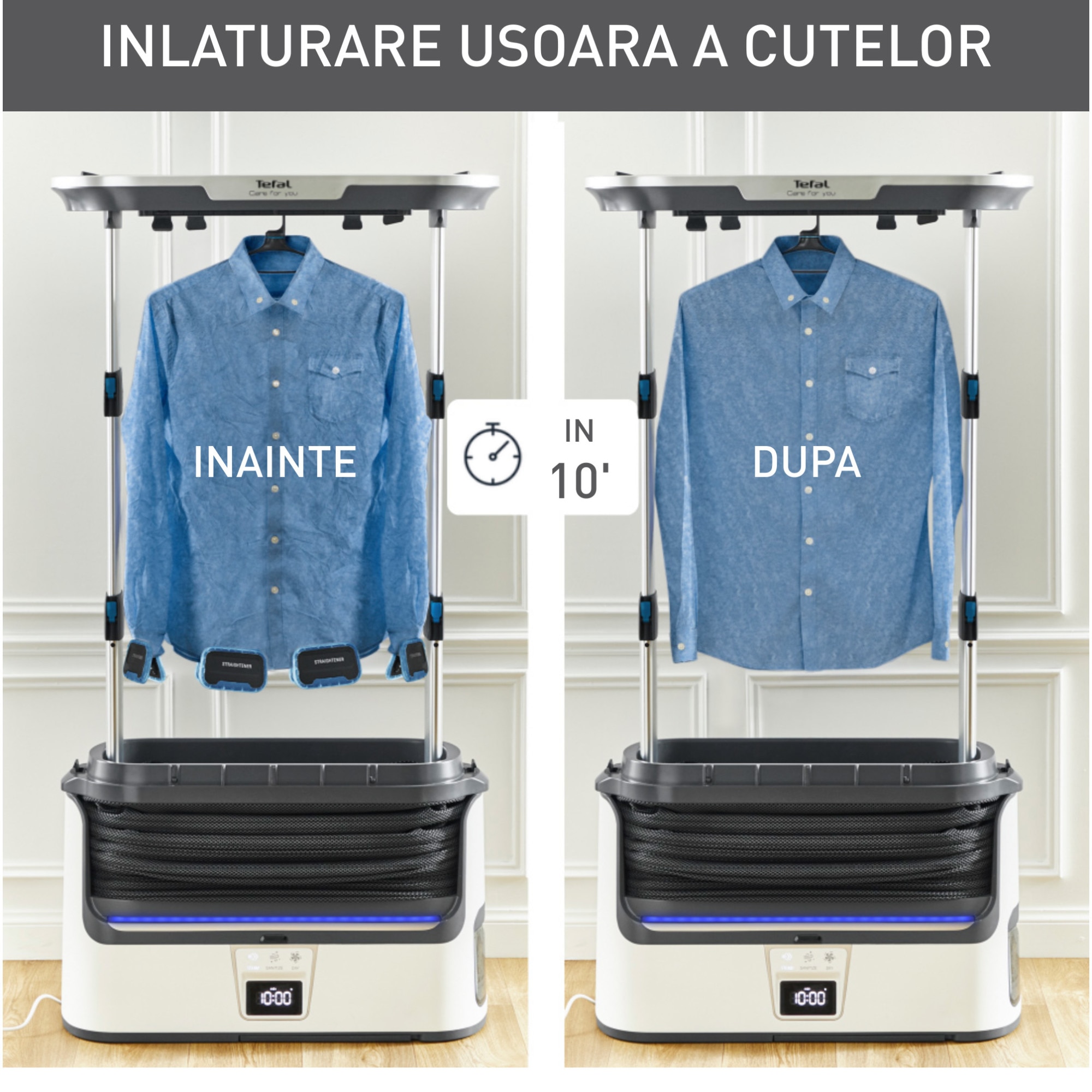 Aparat vertical automat cu aburi, de netezire a cutelor, igienizare si improspatare, Tefal Care For You YT4050E1, 1800W, abur variabil 65 g/min, 2L, detector rezervor gol, sistem anticalcar incorporat, ultra silentios, alb/ gri