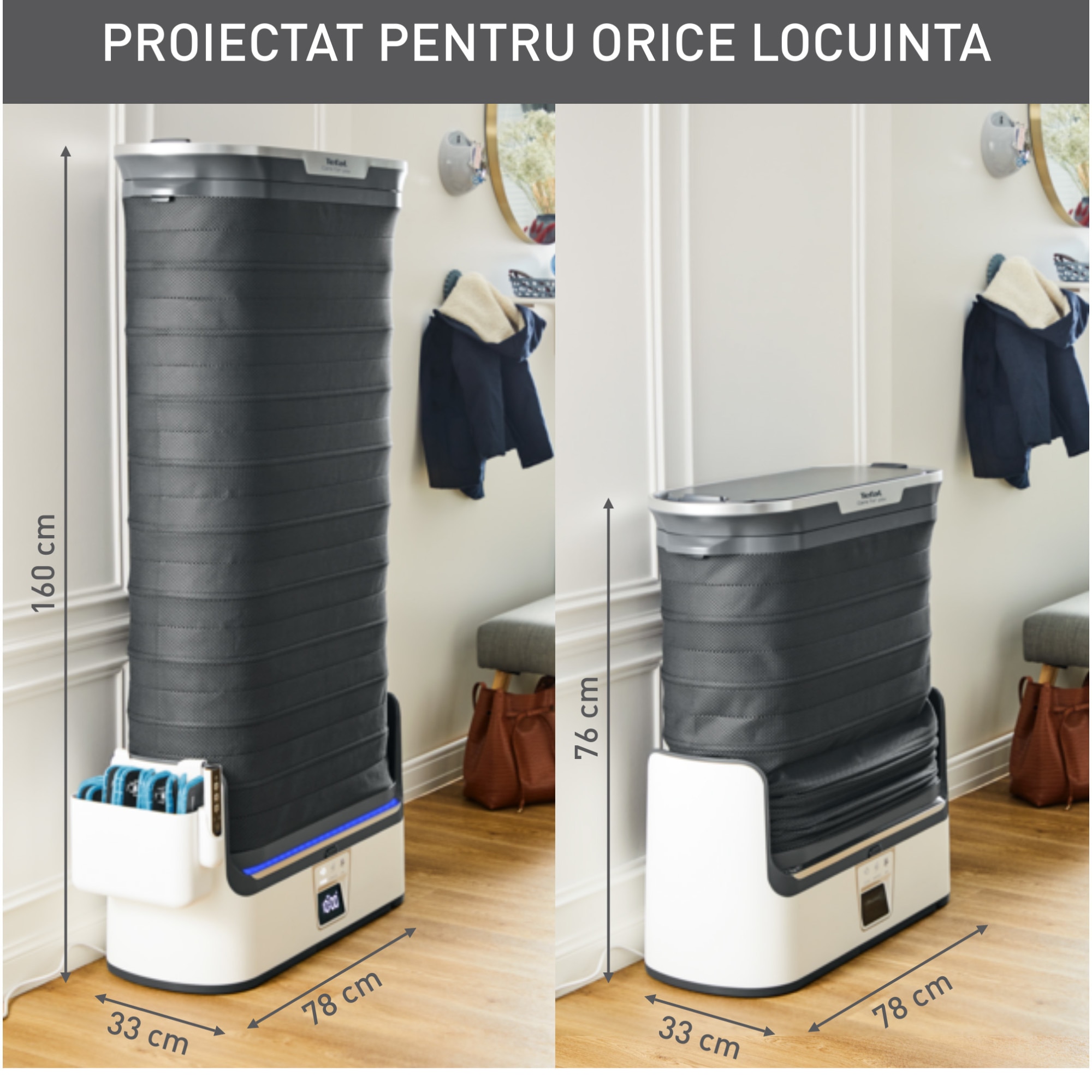 Aparat vertical automat cu aburi, de netezire a cutelor, igienizare si improspatare, Tefal Care For You YT4050E1, 1800W, abur variabil 65 g/min, 2L, detector rezervor gol, sistem anticalcar incorporat, ultra silentios, alb/ gri